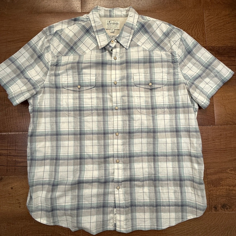 Lucky Brand Western Shirt Mens XXL Blue Plaid Saturday Stretch Short Sleeve Snap
